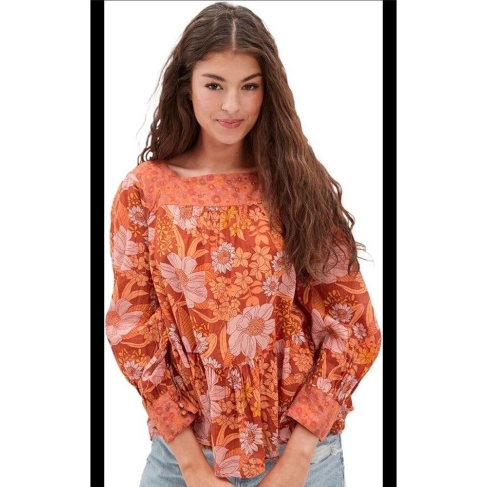 American Eagle S Patchwork Peasant Top Blouse Orange Floral Tiered Oversized